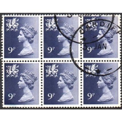 1971-92 Wales Regional Machin Definitives . 9p. Value. Deep Violet. F/Used Blk 6