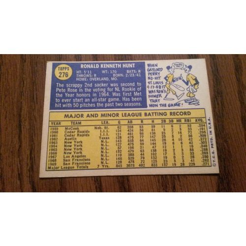 1970 Topps Card # 276 Ron Hunt Very Good (3) San Francisco Giants