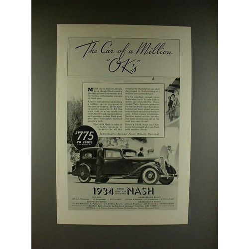 1934 Nash Ambassador Eight Car Ad - Million OK's