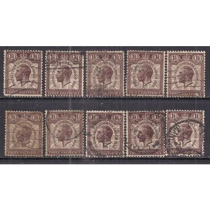 GB 1929 KGV 1 1/2d x 10 Purple-Brown UPU used Stamps ( J479 )