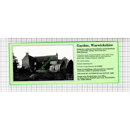 Gaydon Warwickshire House Sale Advert - 1988 Cutting
