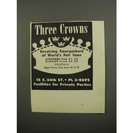 1953 Three Crowns Restaurant Ad - Revolving smorgasbord of World's fair fame