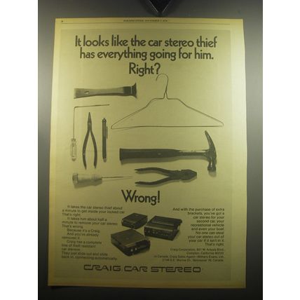1974 Craig Car Stereos Ad - It looks like the car stereo thief has everything