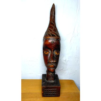 African Sculpture Tribal Woman Head w/Fish Wood Carving - Abstract Art - VTG