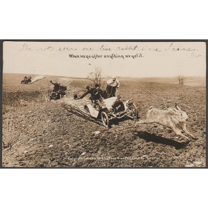 Hunting Giant Rabbits in Motor Cars, 1910 - Canadian Postcard Co RPPC
