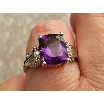 Lusaka Amethyst & White Zircon Solitaire Accents Ring Size R Platinum 925 Silver