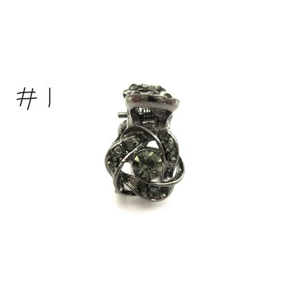 Small tiny dark silver metal hair claw clip with gray crystals