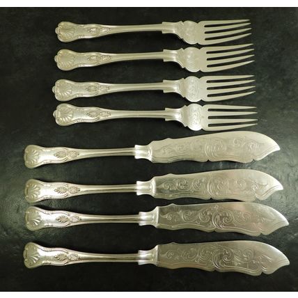 4 Pair Silver Plate Fish Knives & Forks Bearing Queen Victorias Cypher Wilkinson