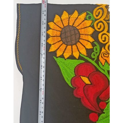 Sunflowers & Calla Lillies Embroidered Cotton Canvas Black Blouse Chiapas Mexico