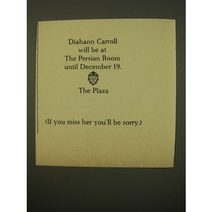 1961 The Plaza Hotel Ad - Diahann Carroll will be at The Persian Room