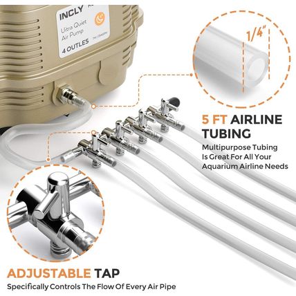 INCLY 7W Ultra Silent Aquarium Air Pump - 245 Gallon/Hr, 4 Adjustable Outlets -