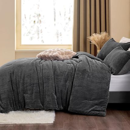 Fluffy Queen Comforter Set - Furry Grey Leaves Pattern Faux Fur Bed Set, Winter