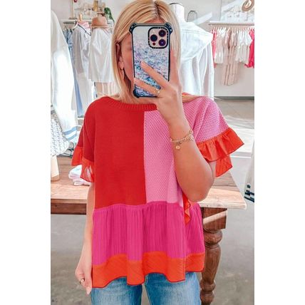 Tomato Red Mix Knitted Patchwork Ruffle Trim Loose Sweater