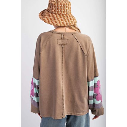 Light French Beige Flower Striped Patchwork Puff Sleeve Loose Sweatshirt