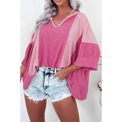 Bright Pink Textured Colorblock 3/4 Sleeve Oversize Top