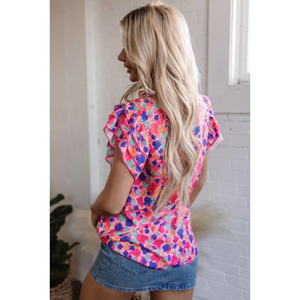 Rose Red Abstract Print Ruffled Sleeve V Neck Blouse