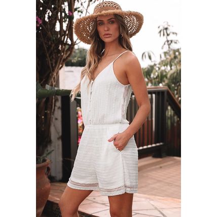 White Lace Spaghetti Strap V Neck Loose Fit Romper