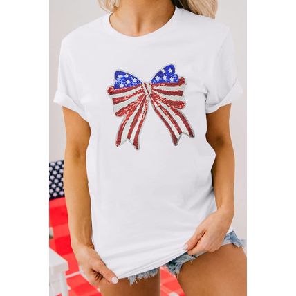 White USA Flag Bow Knot Patched Crew Neck T Shirt