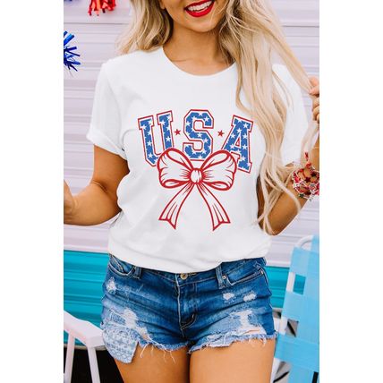 White USA Bow Letter Graphic Short Sleeve Top