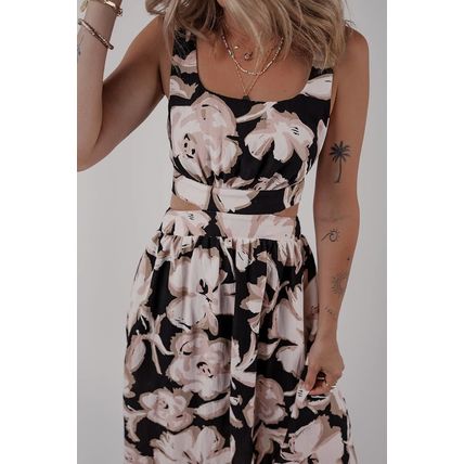 Black Floral Cutout Square Neck Knot Back Sleeveless Maxi Dress