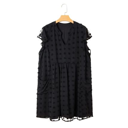 Black Dotty Textured Notched Neck Plus Ruffled Dress
