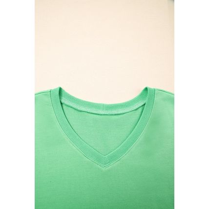 Mint Green V Neck Drop Shoulder Tee and Patchwork Drawstring Shorts Set