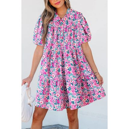 Pink Floral Collared Half Placket Short Sleeve Loose Dress