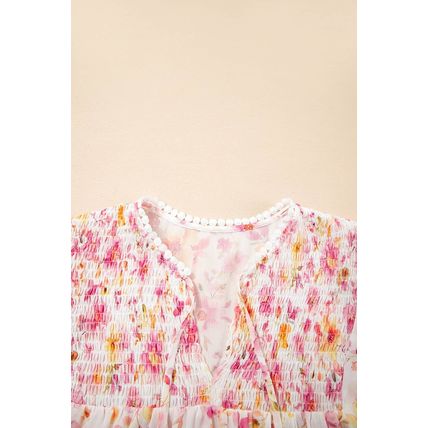 Pink Floral Print Tassel Tie Smocked V Neck Puff Sleeve Tunic Blouse