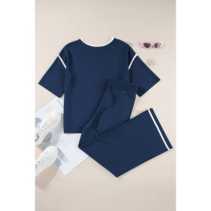 Navy Blue Contrast Trim Half Sleeve Top Drawstring Pants Loose 2pcs Sweater Suit