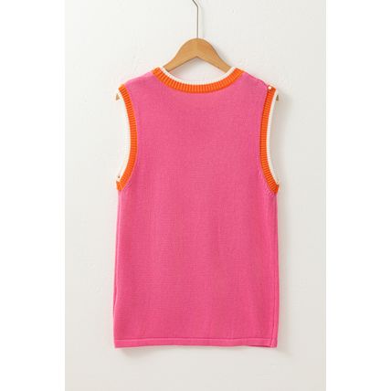 Bright Pink Contrast Trim Pearl Detail Sweater Tank Top