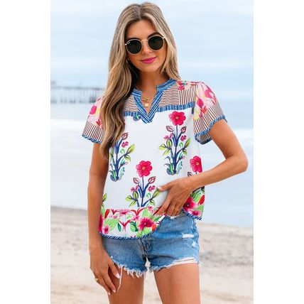 Pink Floral Striped Patchwork Short Sleeve Split Neck Blouse