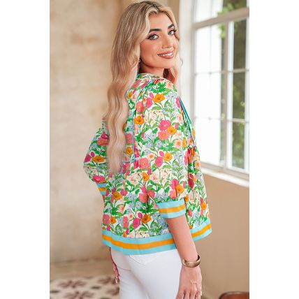 Green Floral Print Striped Trim Tie Neck Puff Sleeve Babydoll Blouse