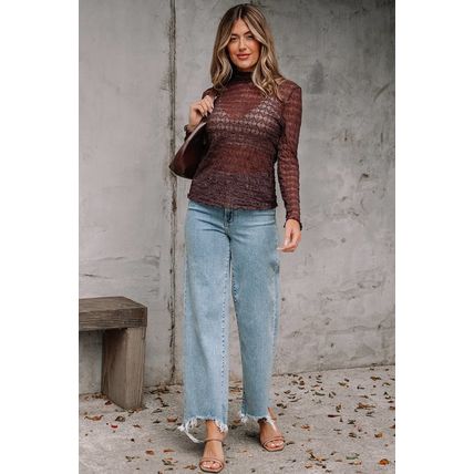 Coffee Sheer Mesh Patterned Lettuce Trim Slim Long Sleeve Top