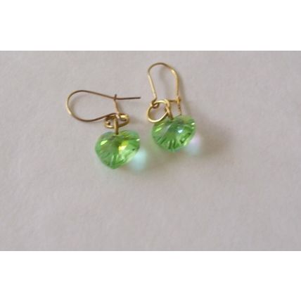 Vintage Earrings Green Aurora Borealis Crystal Heart Dangle Retro Pierced Drops
