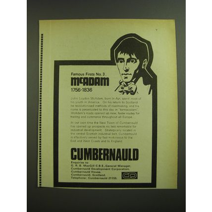 1968 Cumbernauld Development Corporation Ad - Famous firsts no. 3. McAdam