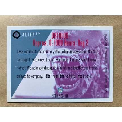 Alien3 Base trading card # 15 Ripley and Clemens (A) 1992 Star Pics, Dark Horse