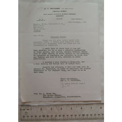 1970 letter M. T. Pritchard, Blaenau Ffestiniog re Pengwern Estate