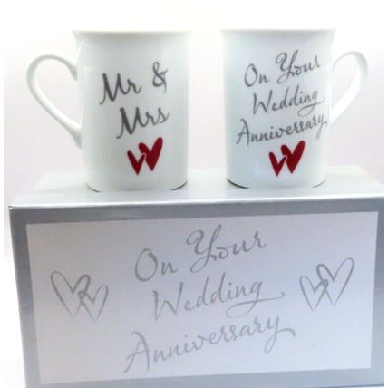 On Your Wedding Anniversary Day Mugs Fine China Ceramic Boxed Set of Two Gift