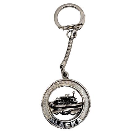 Alaska Keychain Souvenir Silver-Tone Metal Ferry Boat Vintage (B15)