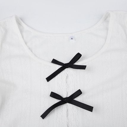 Long Sleeve Contrast Tees Lace Bow Button Sweet Kawaii Female Japanese Slim