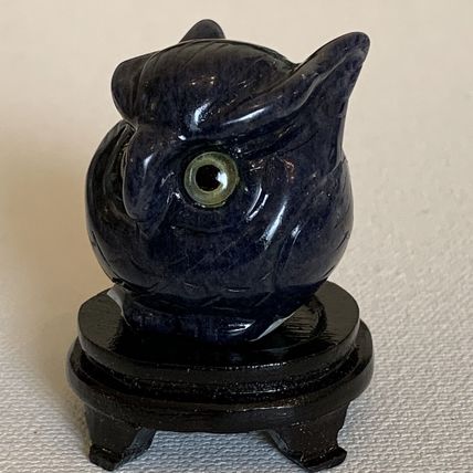 Blue Sodalite Owl Figurine Vintage Fine Chinese Carved Bird W Stand 1.4" READ**
