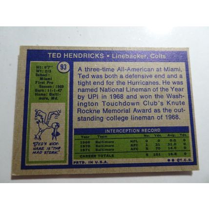 1972 Topps Football Card # 093 Ted Hendricks Very Good (3) Baltimore Colts