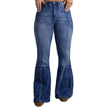 Dark Blue Plus Size Stitching Washed Flare Jeans
