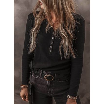 Black Buttoned V Neck Long Sleeve Ribbed Top