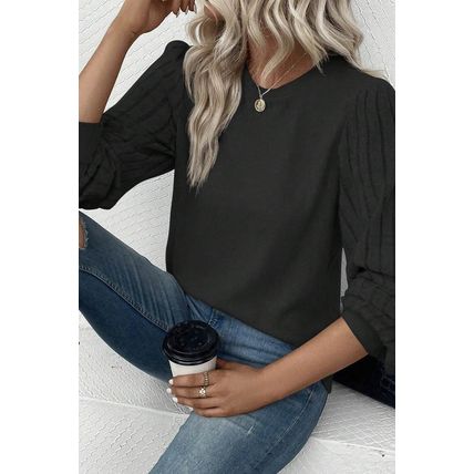 Black Contrast Ribbed Bishop Sleeve Top
