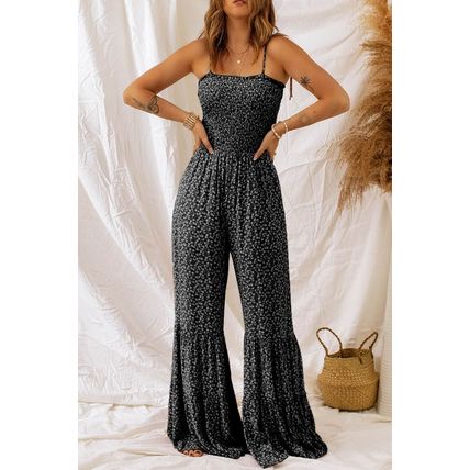 Black Khaki Thin Straps Smocked Bodice Wide Leg Floral Jumpsuit