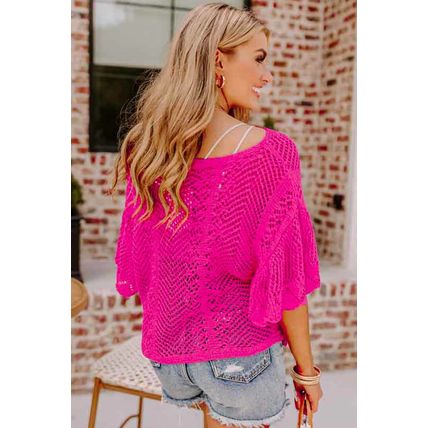 Rose Red Pointelle Knit Scallop Edge Short Sleeve Top