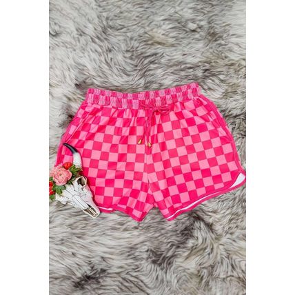 Rose Checkered Drawstring Elastic Waist Casual Shorts