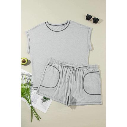Gray Contrast Stitching Cuffed Sleeve Plus Shorts Set