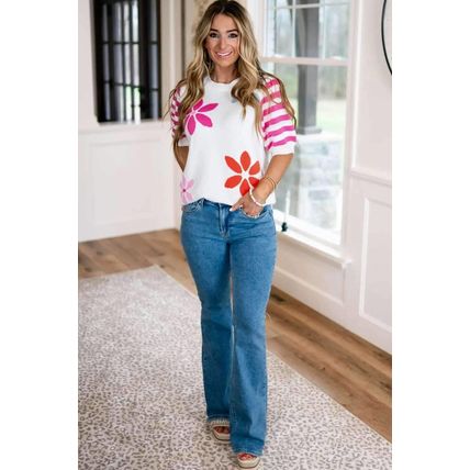 White Floral Pattern Striped Sleeve Sweater T Shirt